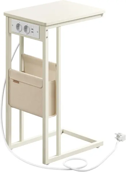 Masuta laterala cu priza, Vasagle, Crem, LET356W02, 30 x 40 x 62 cm