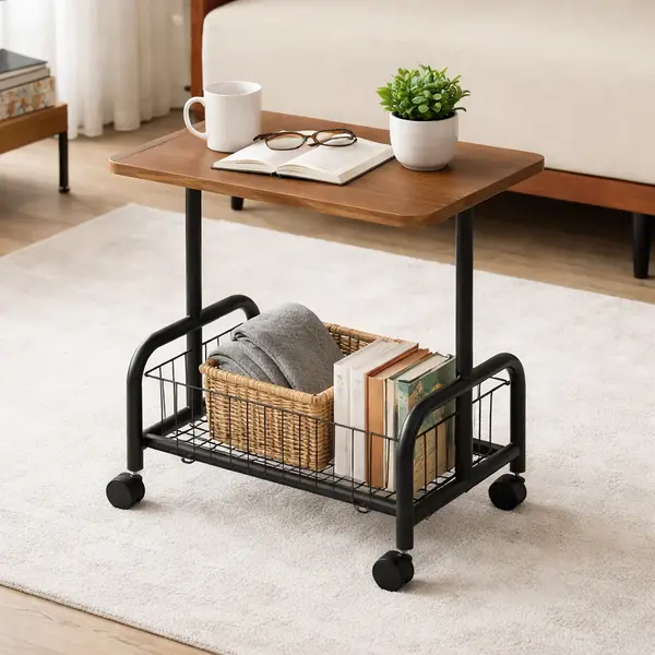 Masuta laterala tip coffee table, carucior mobil cu blat si rafturi metalic , 50x40x30 cm