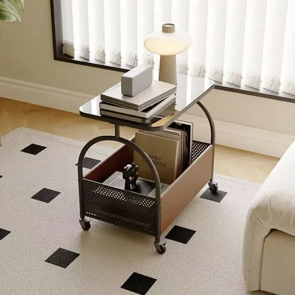 Masuta portabila cu compartiment pentru depozitare, blat din sticla, cadru metalic, 53 x 55 x 36 cm
