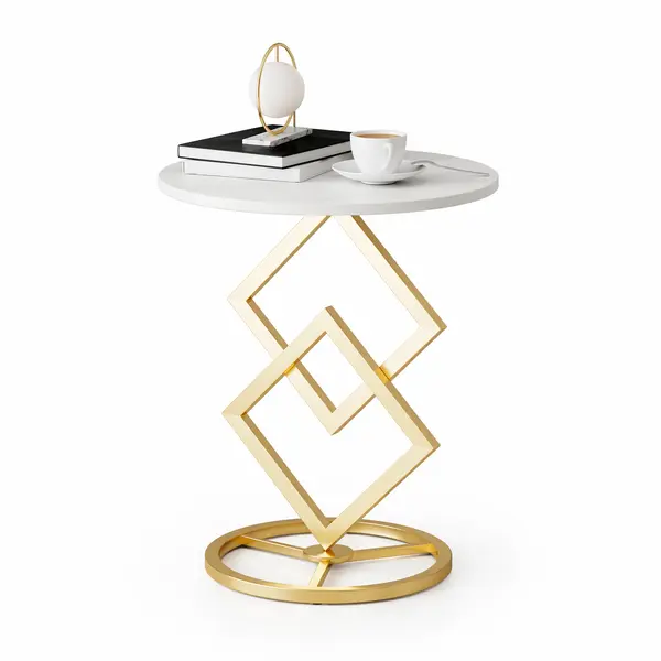 Masuta rotunda blat tip marmura, cadru geometric metalic, 40 x 58 cm
