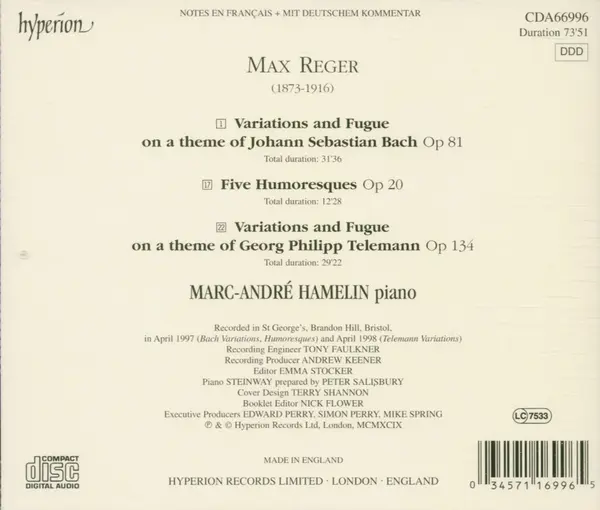 Max Reger: Variations And Fuge On A Theme Of J.S. Bach / Variations And Fuge On A Theme Of G.P. Telemann / Funf Humoresken | Marc-Andre Hamelin