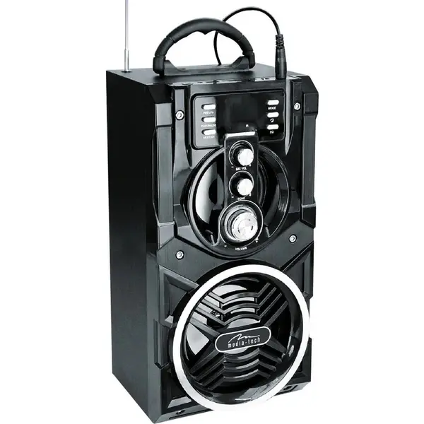 MEDIATECH Boxa Karaoke Portabila Media-Tech Partybox BT, Radio FM, MP3 Player, 18W RMS, cu Subwoofer, Incinta Lemn, USB + SD, Telecomanda, Antena, Negru