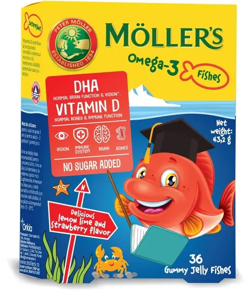 Meduzele Omega-3 pentru copii, căpșuni, 36 de bucăți, Mollers