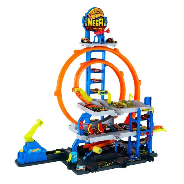 Mega garaj Hot Wheels Mega Loop 65 cm cu masinuta si elicopter
