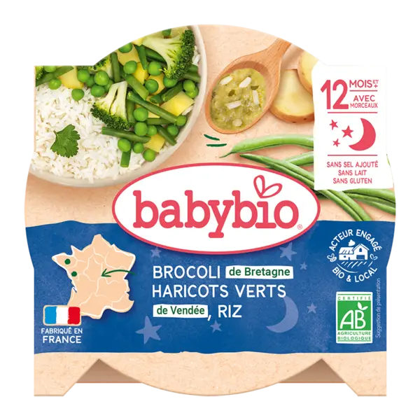 Meniu brocoli, fasole verde si orez Bio, 230g, BabyBio