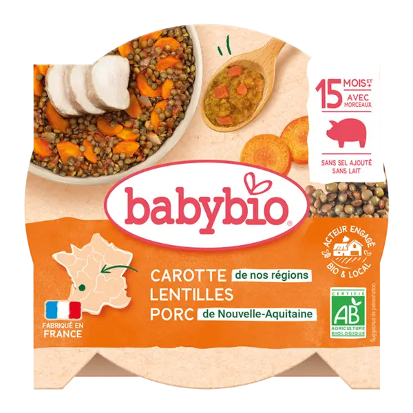 Meniu cu morcovi, linte si carne de porc, 260g, BabyBio