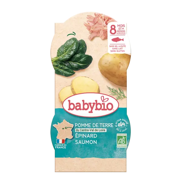 Meniu cu spanac, cartofi si somon 8+ luni, 2 x 200g, BabyBio