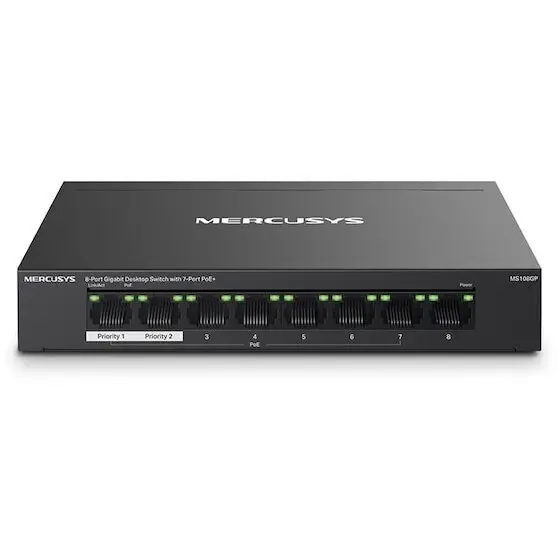 MERCUSYS Switch fara management Mercusys MS108GP, 8 porturi Ethernet, PoE, negru, 171x98x27mm