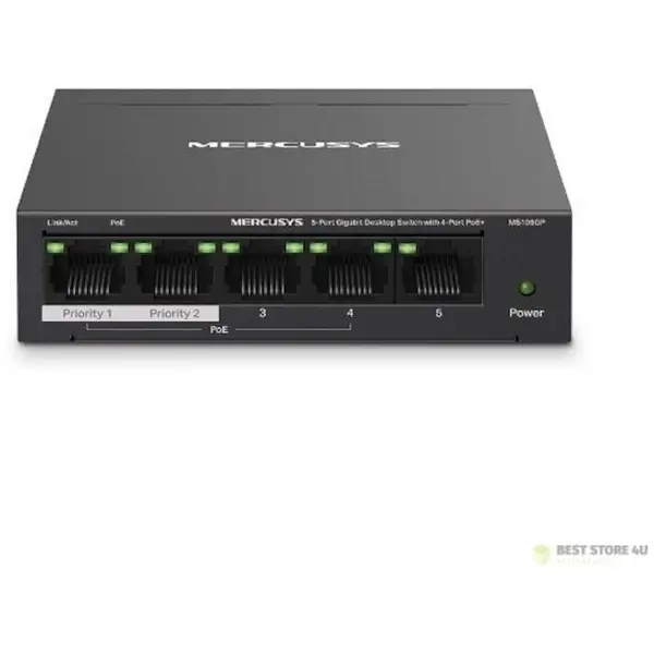 MERCUSYS Switch Mercusys MS105GP, 5 porturi Ethernet, PoE, negru, 142x124x91mm