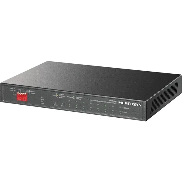 MERCUSYS Switch MERCUSYS MS110GMP, 8 porturi PoE+, 2 porturi Gigabit Uplink, Viteza de transfer 10/100/1000 Mbps, Plug-and-Play