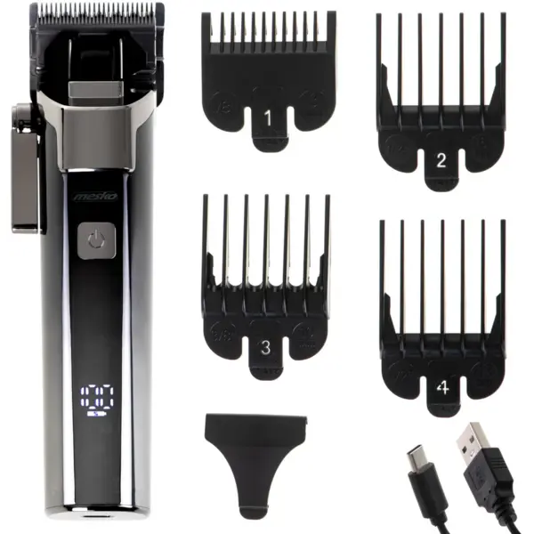 Mesko Aparat de tuns Mesko, ecran LED, rezistent la apa IPX6, lame titan-ceramic, set 4 piepteni, 200 min autonomie, Negru-Argintiu