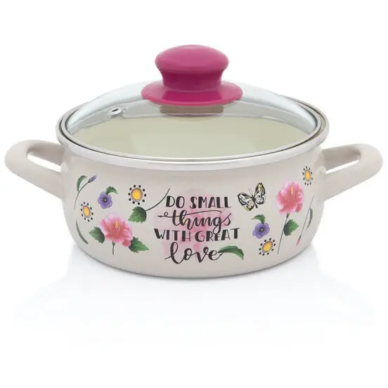 Metalac Cratita cu capac sticla Spring Metalac, email, 16cm, 1.5l, Crem cu motive florale