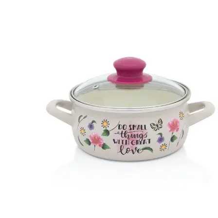 Metalac Cratita cu capac sticla, Spring Metalac, email, 20cm, 2.9l, Crem cu model floral