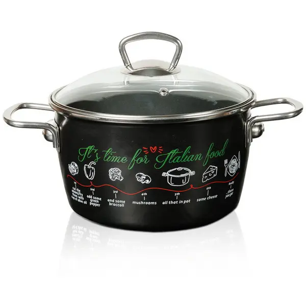 Metalac Oala cu capac din sticla Italian Food Metalac, email, 20cm, 3.5l, Negru