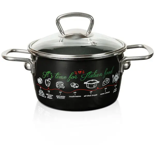 Metalac Oala cu capac din sticla Italian Food Metalac, email, 16cm, 1.9l, Negru