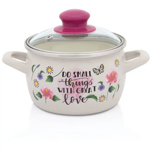 Metalac Oala cu capac din sticla Spring Metalac, email, 14cm, 1.55l, Crem cu model floral