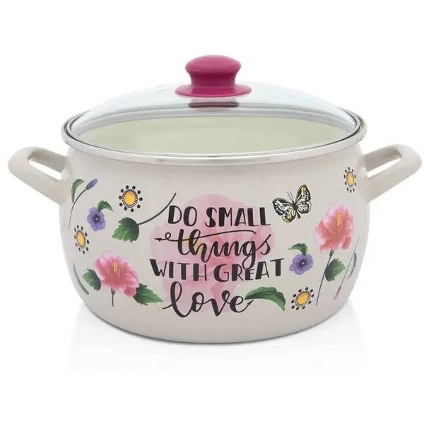 Metalac Oala cu capac din sticla Spring Metalac, email, 24cm 7.5l, Crem cu motive forale