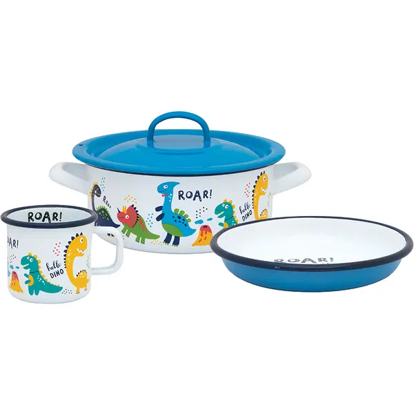 Metalac Set 3 piese 1.5l Dino Metalac email/Cana 8cm/Caserola capac14cm/Farfurie 18cm