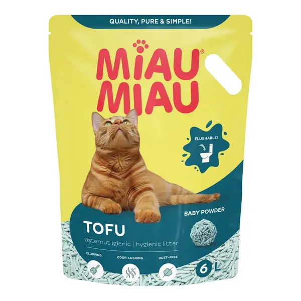 MIAU MIAU Tofu Baby Powder, Talc, așternut igienic pisici, peleți, tofu, aglomerant, ecologic, biodegradabil, 6l