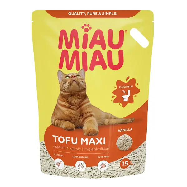 MIAU MIAU Tofu Maxi, Vanilie, așternut igienic pisici, peleți, tofu, neaglomerant, ecologic, biodegradabil, 15l MIAU MIAU Maxi, neparfumat, așternut igienic pisici, peleți, tofu, neaglomerant, ecologic, biodegradabil, 15l