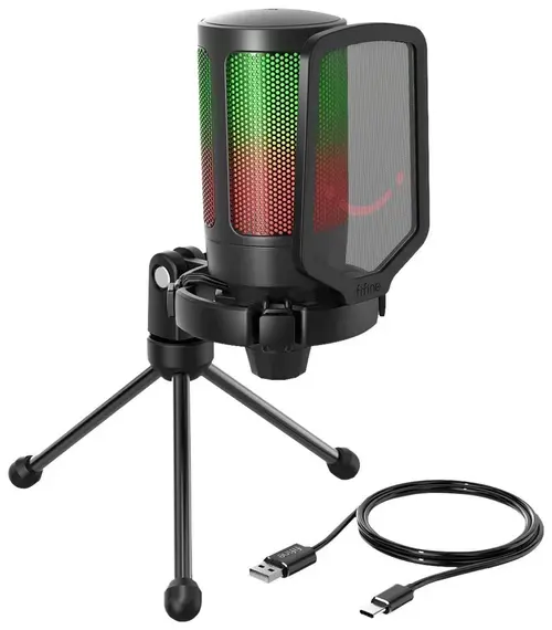 Microfon de studio Fifine A6V AMPLIGAME, iluminare RGB, USB-C, Negru