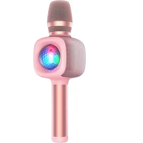 Microfon OneOdio, wireless, conectare prin Bluetooth 5.2, sensibilitate -52 dB, acumulator 1800 mAh, karaoke, Iluminare, 4 moduri voce, Roz