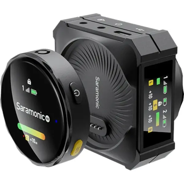 Microfon wireless Saramonic BlinkMe B2, 1x Receiver, 2x Microfon, Autonomie microfon 8h, Raza de actiune 100m, Noise canceling, Touchscreen, Negru