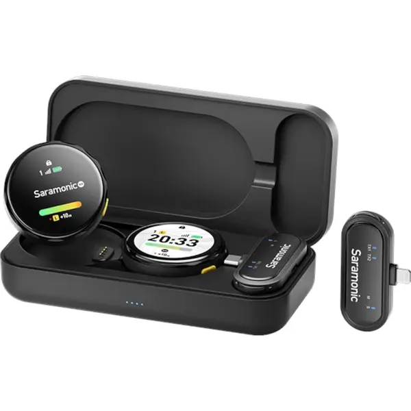 Microfon wireless Saramonic BlinkMe U2, 1x Receiver, 2x Microfon, Autonomie microfon 8h, Raza de actiune 100m, Noise canceling, Touchscreen, Negru