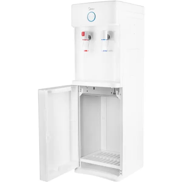 Midea Dozator de apa cu incarcare superioara Midea, capacitate dozare >1.2L/min, rezervor apa rece 2L, rezervor apa calda 0.8L, putere incalzire 420W, putere racire 100W, spatiu de depozitare 35L, bidoane compatibile 11/15/19 litri, Alb