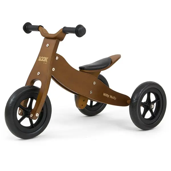 Milly Mally Tricicleta de echilibru 2 in 1 Milly Mally, Look, Lemn, dubla functionalitate- bicicleta cu trei sau doua roti, reglarea seii in inaltime in 4 trepte, Maro inchis