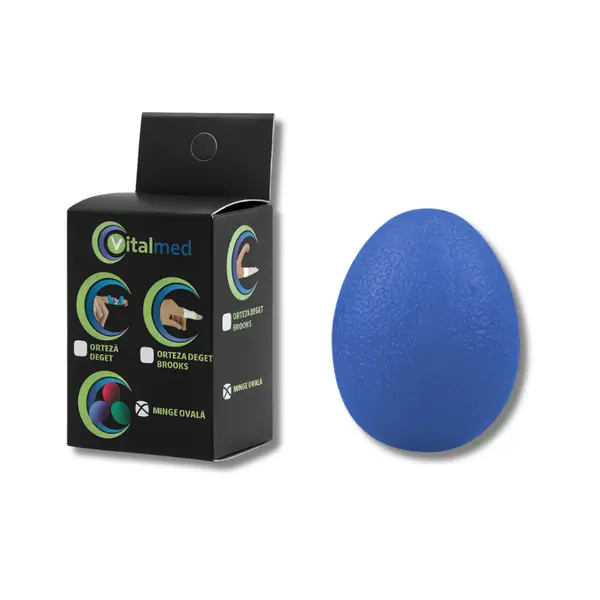 Mingea ovala antistres VitalMed, pentru exercitii de reabilitare, tonifiere si reducere a stresului, duritate medie, din silicon, Albastru