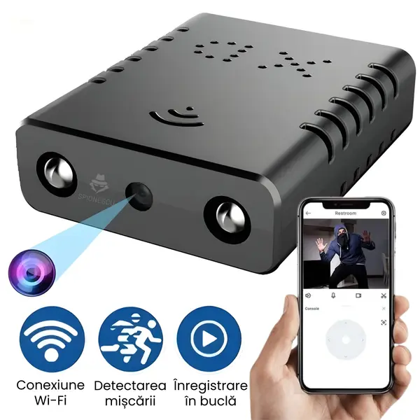 Mini camera ascunsa WiFi 4K, monitorizare in timp real, detectare miscare, viziune nocturna, control prin aplicatie, design compact si discret, negru