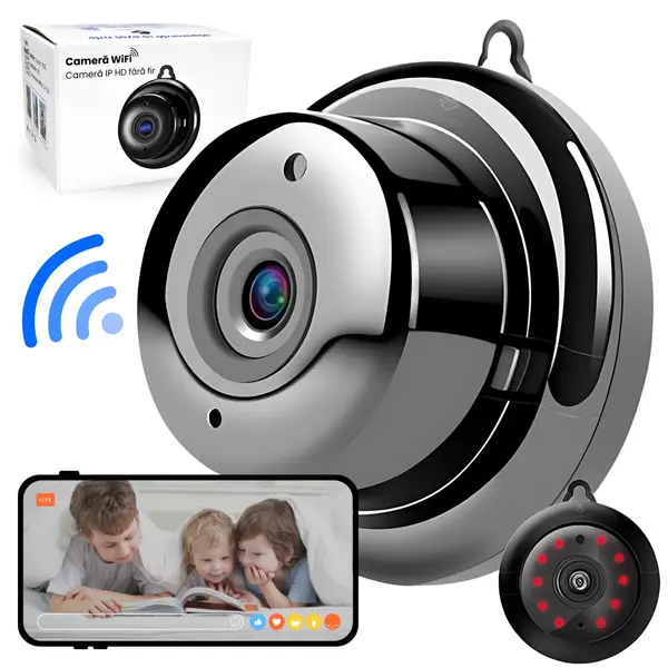 Mini camera de supraveghere WiFi 1080P, viziune nocturna, detectie miscare, audio bidirectional, hotspot AP, control prin aplicatie, negru - Fără memorie