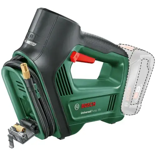 Mini compresor pneumatica pe acumulator Bosch Universal Pump 0603947100, 18 V, 10.30 bar, 150 psi, 1030 Kpa, 30 l/min volum maxim, supapa Presta, ac pentru minge, adaptor volum, fara acumulator/incarcator