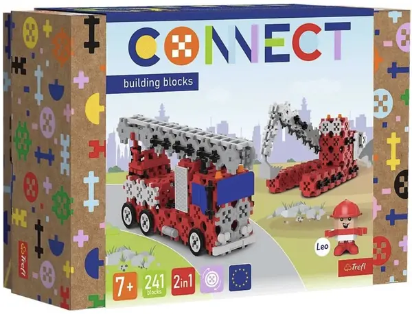 Mini constructor 2 în 1 Trefl Connect - Autospecială de pompieri/Excavator pe șenile, 241 bucăți