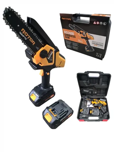 Mini Fierastrau cu lant Rotor RCC600, 600W, 4600RPM, 21V 1.5Ah, 2 acumulatori inclusi
