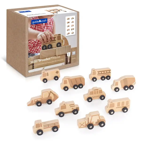 Mini vehicule din lemn, set 10 bucati, Guidecraft natur