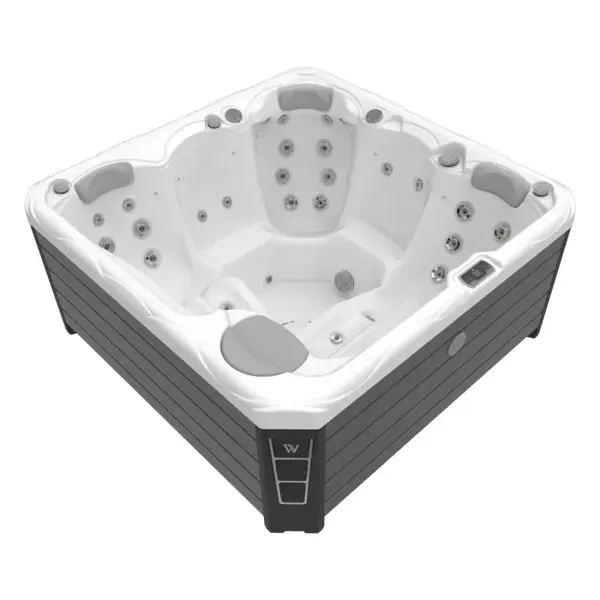 Minipiscina jacuzzi 5 persoane, alb-lucios, 42 jeturi hidromasaj, WiFi, sistem audio, pompa caldura inclusa, unitate Gecko IN.YE-3, 200 x 200 cm, Wellis Budapest CityLife Premium