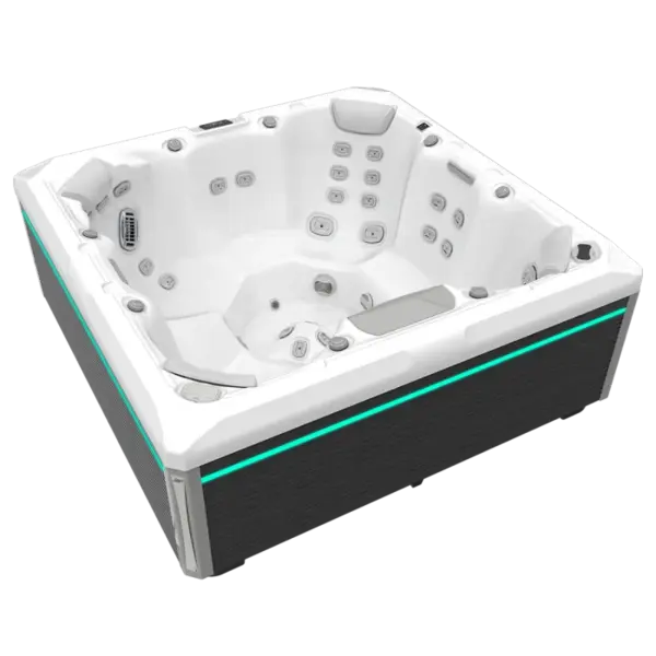 Minipiscina jacuzzi 7 persoane, alb-lucios, 46 jeturi, 215 x 215 cm, WiFi, Gecko IN.YE-3, sistem In-line WIS, scara SMART-IN STEP PEAKLIFE, Wellis Mandala Life Premium Plus