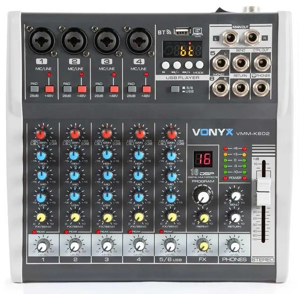 Mixer analog pasiv, 6 canale, Bluetooth, USB, XLR, alimentare Phantom, Vonyx VMM-K602