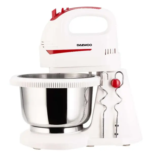 Mixer cu bol Daewoo DHM100W, 300 W, 5 viteze, capacitate bol 2 L, carlig framantare, palete amestecare, Alb/Rosu