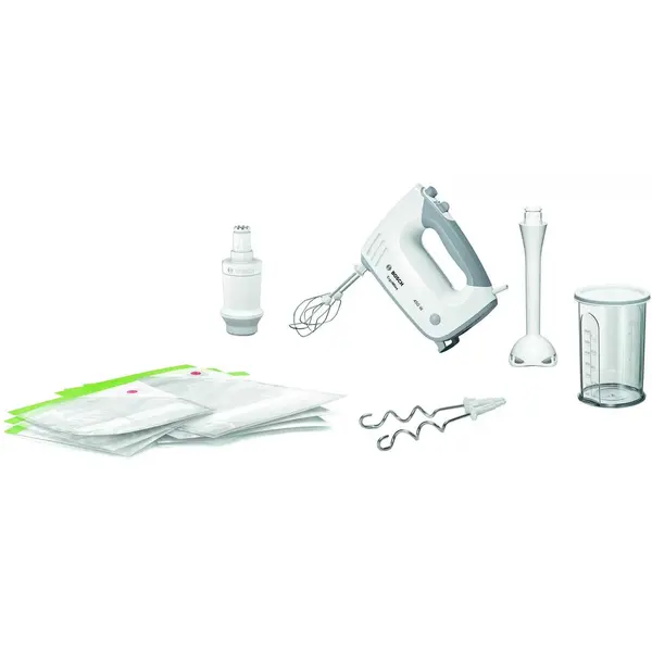 Mixer de mana Bosch ErgoMixx MFQ364V0, 450 W, 0.6 l, 5 viteze + Turbo, Alb