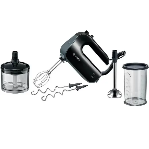Mixer de mana Bosch MFQ4980B, 850 W, 5 trepte de putere + functie turbo, Tocator, Vas gradat, Accesorii incluse, Nivel zgomot 65 dB, Negru