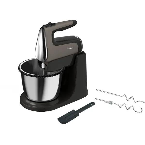 Mixer de mana cu bol Tefal PowerMix Silence HT654E38, 600W, functe turbo, 2 teluri, 2 carlige, spatula, rotire automata a bolului, argintiu & negru