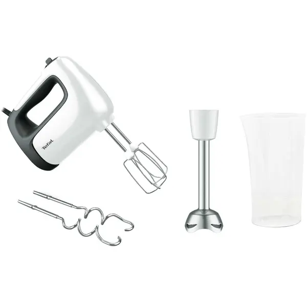 Mixer de mana Tefal Prep'Mix HT462138, 500 W, functie Turbo, 5 trepte de viteza, 2 teluri, 2 carlige, picior pasator, pahar gradat, alb