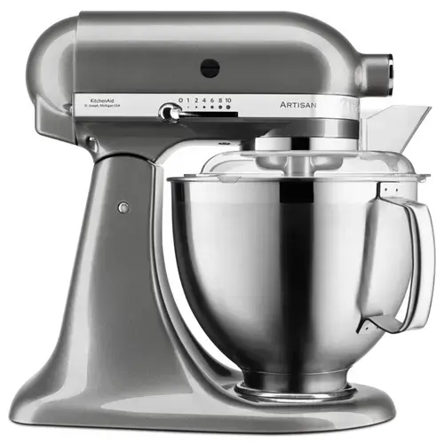 Mixer profesional KitchenAid Artisan Elegance 5KSM185PSEMS, 4.8 l/ 3 l, 300 W, Carlig aluat, Batator 6 fire (Argintiu)
