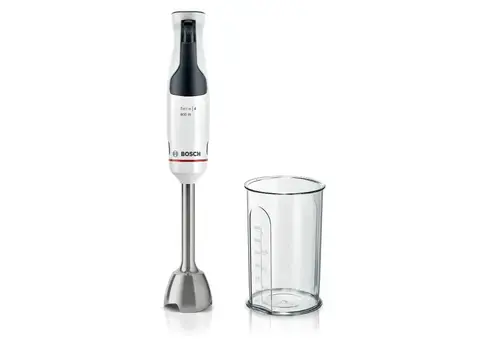 Mixer vertical Bosch ErgoMaster MSM4W410, 800 W, cutit 4 lame si functie antisplash, cuplaj ceramic, picior mixare inoxidabil, pahar de masurare (Alb/Antracit)