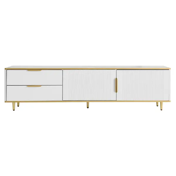 Mobilă TV joasă cu textură sculptată, mânere și picioare aurii, structură cu efect de marmură pentru living, 175x40x45 cm, albă