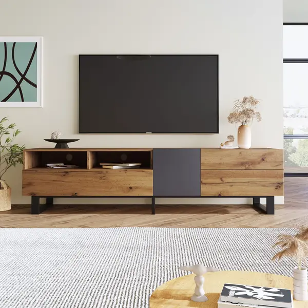 Mobilă TV modernă cu design în blocuri de culoare, Culoare naturală+Negru | Aosom Romania
