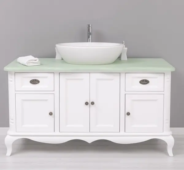 Mobilier baie Chic cu 4 usi si 2 sertare pentru chiuveta suprapusa cu finisaj White / Mint